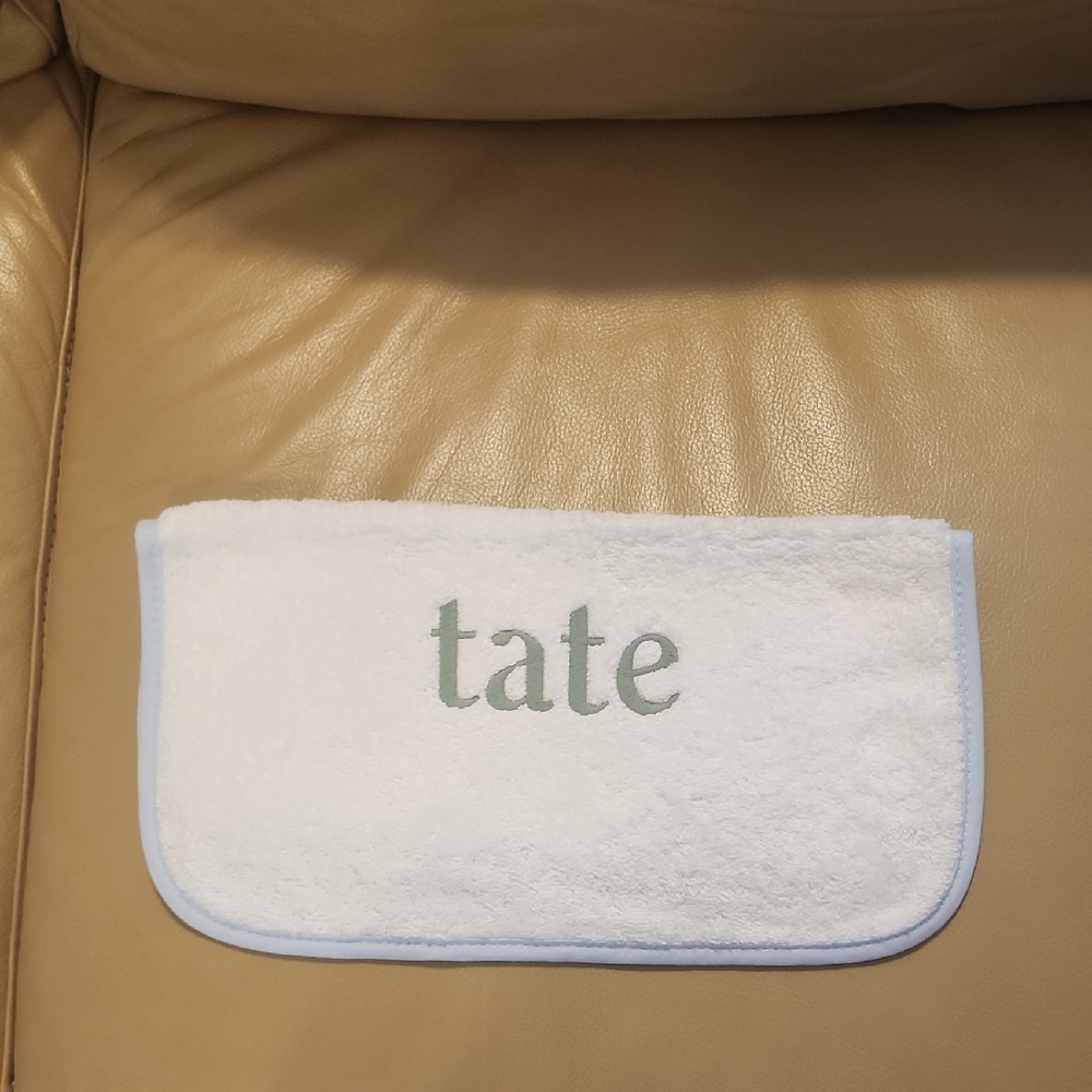 tate Embroidered White Hand Cloth with Light Blue Trim